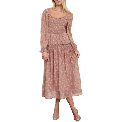 August Sky Smocked Long Sleeve Midi Dress In Pink