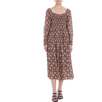 August Sky Smocked Long Sleeve Midi Dress In Brown