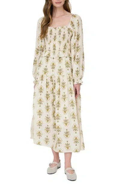 August Sky Smocked Long Sleeve Midi Dress In White