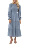 August Sky Smocked Long Sleeve Tiered Dress In Chambray