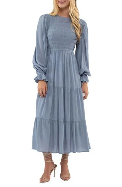 August Sky Smocked Long Sleeve Tiered Dress In Chambray