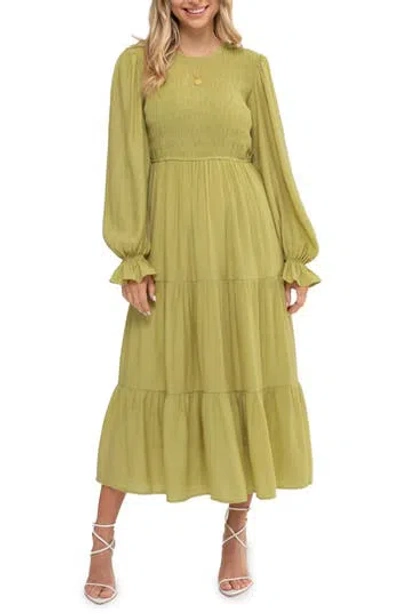 August Sky Smocked Long Sleeve Tiered Dress In Green
