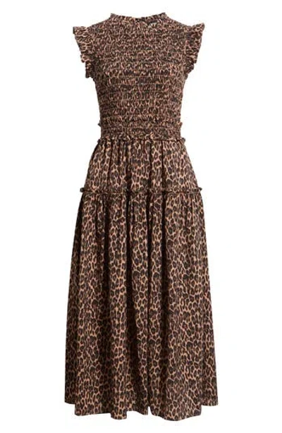 August Sky Smocked Mid Dress In Leopard