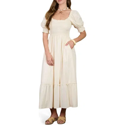 August Sky Smocked Puff Sleeve Midi Dress In White