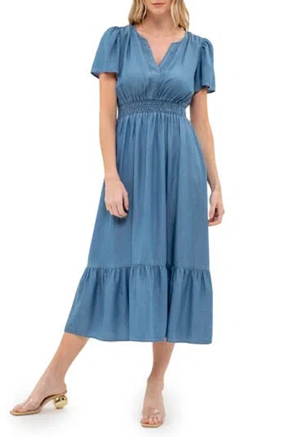 August Sky Split Neck Flutter Sleeve Dress In Chambray