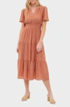 August Sky Split Neck Tiered Midi Dress