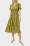 August Sky Split Neck Tiered Midi Dress