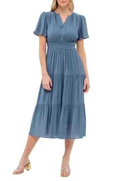 August Sky Split Neck Tiered Midi Dress In Teal