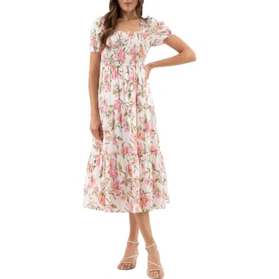 August Sky Square Neck Puff Sleeve Smocked Floral Dress In Pink Multi