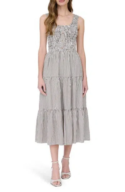 August Sky Stripe Sleeveless Smocked Tiered Midi Dress In Gray