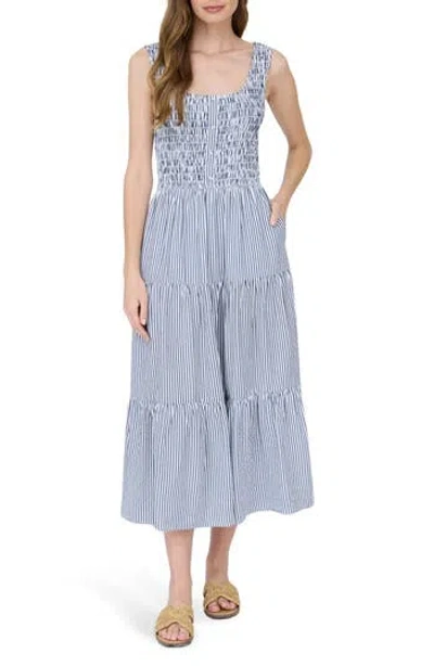 August Sky Stripe Sleeveless Smocked Tiered Midi Dress In Blue