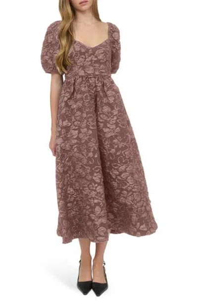 August Sky Sweetheart Puff Sleeve Midi Dress In Brown