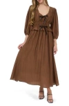 August Sky Three-quarter Sleeve Maxi Dress In Brown
