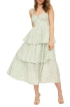 August Sky Tiered Tie Strap Sundress In Sage Multi