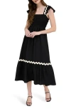 August Sky Wavy Ribbon Tiered Midi Dress In Black
