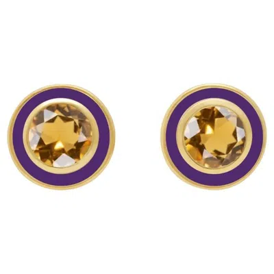 Pre-owned Augustine Jewels Citrine And Purple Enamel Stud Earrings