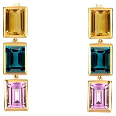 Pre-owned Augustine Jewels Citrine, London Blue Topaz And Purple Amethyst 3 Drop Earrings