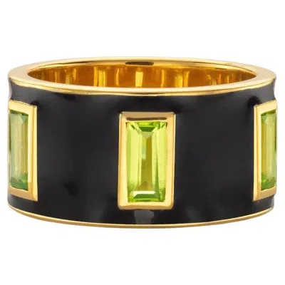 Pre-owned Augustine Jewels Contemporary 9ct Yellow Gold Peridot Baguette Drum Ring, Navy Enamel