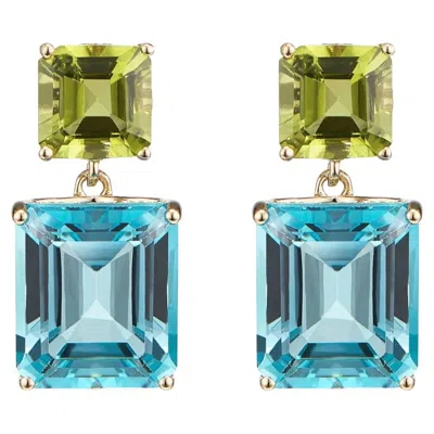 Pre-owned Augustine Jewels Octagon Gold Drop Earrings In Peridot & Blue Topaz