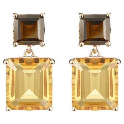 Pre-owned Augustine Jewels Octagon Gold Drop Earrings In Smoky Quartz & Citrine In Multi