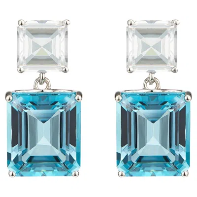 Pre-owned Augustine Jewels Octagon White Gold Drop Earrings In White Topaz & Blue Topaz