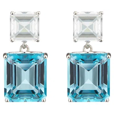 Pre-owned Augustine Jewels Octagon White Gold Drop Earrings In White Topaz & Blue Topaz