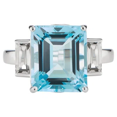 Pre-owned Augustine Jewels Octagon White Gold Ring In White Topaz & Blue Topaz