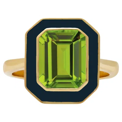 Pre-owned Augustine Jewels Peridot And Navy Enamel Cocktail Ring In Blue