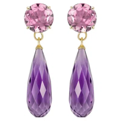 Pre-owned Augustine Jewels Purple Amethyst & Pink Tourmaline Gold Drop Earrings