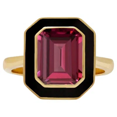 Pre-owned Augustine Jewels Rhodolite And Black Enamel Cocktail Ring In Gold Vermeil