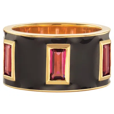 Pre-owned Augustine Jewels Rhodolite And Black Enamel Drum Ring