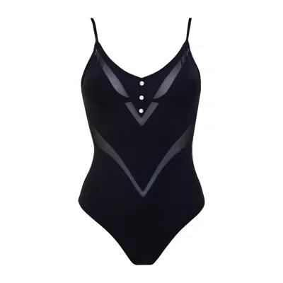 Aulala Paris Women's Black The Pearl V-illusion One Piece Swimsuit With Mesh Detail