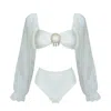 Aulala Paris Women's White The Siren's Whisper - Long Sleeve High Waist Swimsuit With Seashell In White