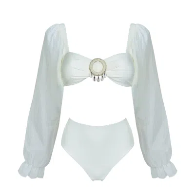 Aulala Paris Women's White The Siren's Whisper - Long Sleeve High Waist Swimsuit With Seashell