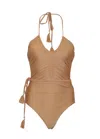 Aur Ocea Belted Keyhole One Piece Camello In Brown