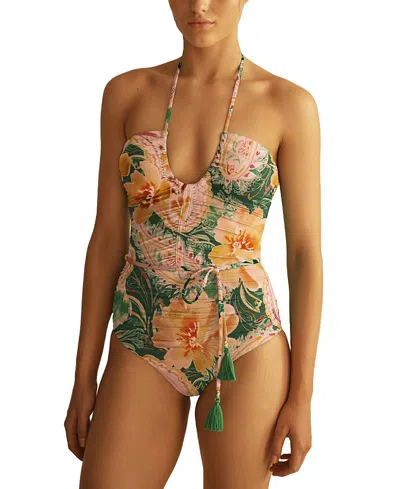 Aur Ocea Ibisco Belted Keyhole One Piece In Multi