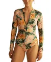 Aur Ocea Ibisco Ruched Long Sleeve One Piece In Multi