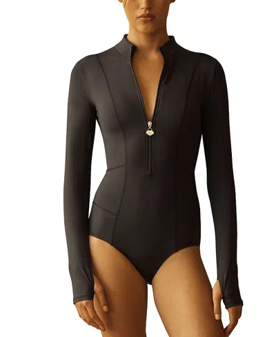 Aur Ocea Nero Panelled Long Sleeve One Piece In Black