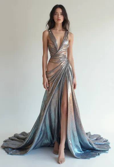 Auraelis Couture Deep V-neck Sheer Gown In Blue