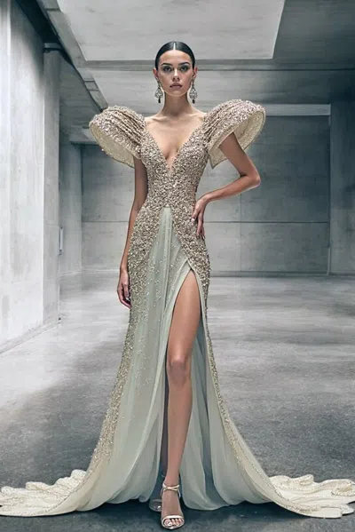 Auraelis Couture Short Puff Sleeve Gown