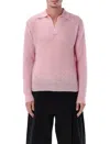 Auralee Ribbed Polo Sweater With Buttoned Placket And Textured Knit In Pink