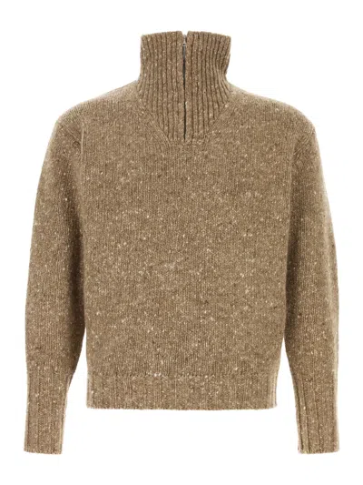 Auralee Biscuit-melange Wool Homespun Knit Top With High Neck And Short Zip Placket In Brown