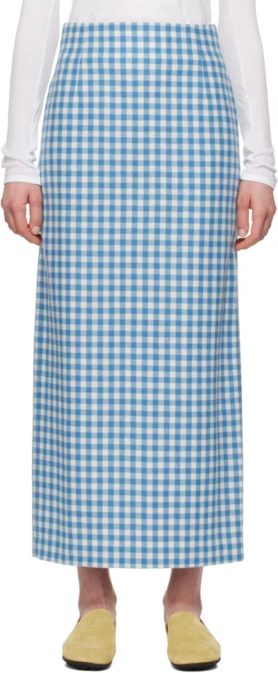Auralee Blue & White Airy Smooth Cashmere Maxi Skirt In Light Blue Gingham
