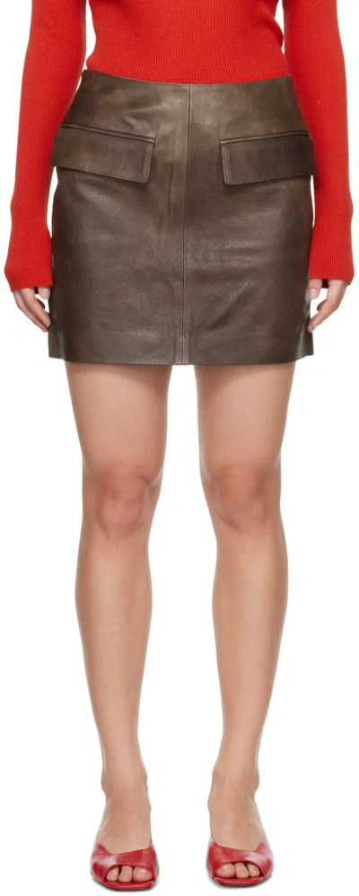 Auralee Brown Heavy Lamb Leather Miniskirt In Dark Brown