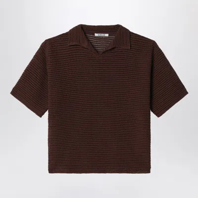 Auralee Brown Mesh Knit Polo In Burgundy