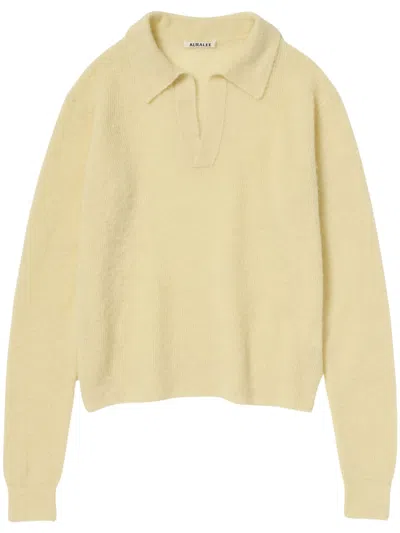 Auralee Butter-soft Alpaca Brushed Polo Shirt With Classic Collar And V-neck In Neutral