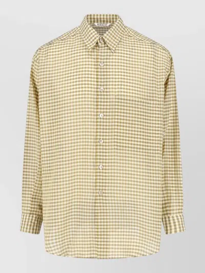 Auralee Button Down Collar Checked Long Sleeve Shirt In Green
