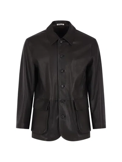 Auralee Buttoned Leather Jacket In Brown