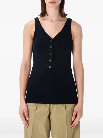 Auralee Button-placket V-neck Top In Blue