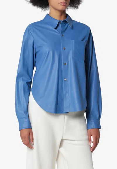 Auralee Calf Leather Shirt With Chest Patch Pocket In Blue